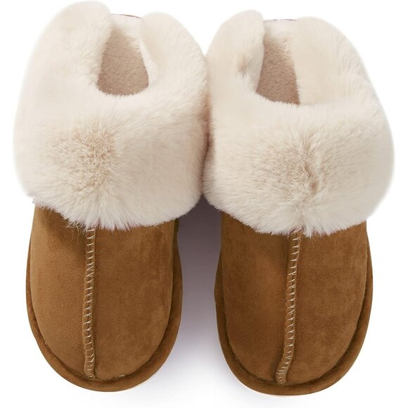 Women's Brown Fluffy Cozy Winter Warm Plush Memory Foam Slip On Slippers Shoes - Picture 5 of 6